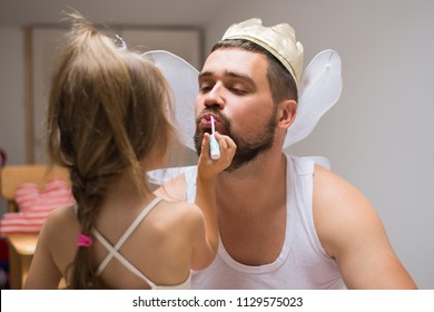 Little Daughter And Father Have Fun, Dressing In Princess Costume, Daddy Makeup