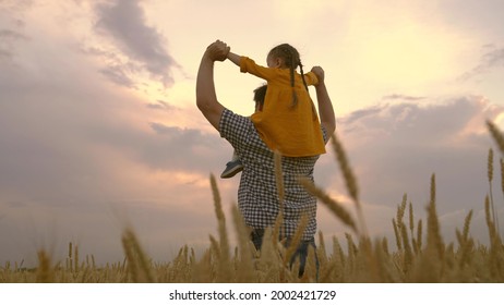 Little Daughter On Shoulders Of Farmer's Father. Happy Family On Vacation. Baby And Dad Are Traveling In A Wheat Field. Child And Parent Are Playing In Nature. Happy Family And Childhood. Slow Motion