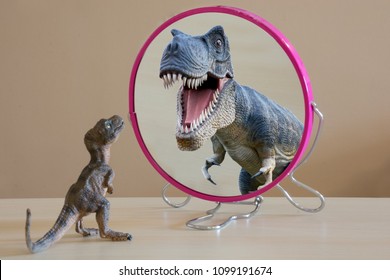 Little Dinosaur With Self Confidence See A Great Dinosaur Looking Itself Into The Mirror 