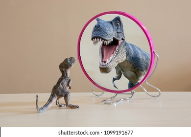 Little Dinosaur With Self Confidence See A Great Dinosaur Looking Itself Into The Mirror 