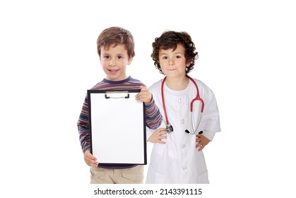 Little Doctor Next To A Cute Child Holding A Clipboard Isolated On A White Background 