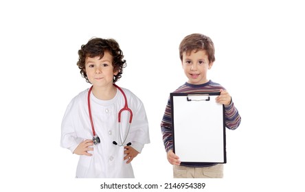 Little Doctor Next To A Cute Child Holding A Clipboard Isolated On A White Background 