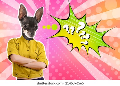 Little Dog Is Thinking. Woman With The Head Of A Toy Terrier. Dog In Yellow Jacket. Bright Collage With Question Marks. A Girl With Her Arms Folded On Her Chest And The Head Of A Dog. Contemporary Art