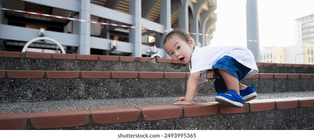 Little Explorer: A curious toddler in white shirt and blue jeans climbs a set of concrete steps, his eyes wide with wonder and determination. The backdrop of stadium adds sense of scale and adventure. - Powered by Shutterstock