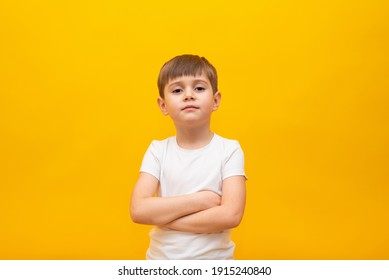 little fair-haired brown-eyed boy 5-6 years old in a stylish white polo shirt, arms folded on his chest, isolated on a yellow wall background, childrens studio portrait.