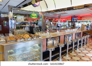 Little Falls, New Jersey, USA - September 19 2012: Inside The Iconic Art Deco Style Park West Diner A Typical Traditional American Restaurant With Counter Seating And Baked Goods On Display