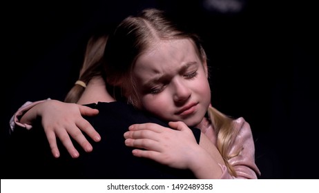 Little Female Kid Hugging Mother And Crying, Victims Of Kidnapping, Fear