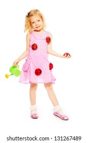 Little five years old blond girl with watering can and red ladybugs standing isolated on white