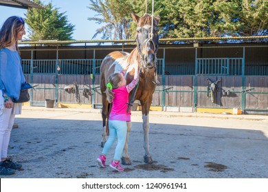 little four years old girl caressing with hands a horse next to her mother outside of stables in a riding center - Powered by Shutterstock