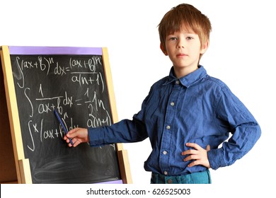 Little Geek Boy With A Pen Explaining How To Solve Integral Formula Of Rational Functions, Isolated On White Background