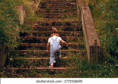 A little girl, 2 years old, with a ponytail and in a jumpsuit, climbing up the steps of the old stone, overgrown grass stairs. Concept of overcome. Cottagecore aesthetics concept. - Shutterstock ID 1775558690