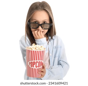 Little girl in 3D glasses with popcorn biting nails on white background