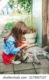 Little Girl 4-5 Years Old Playing With A Grey Cat Outside