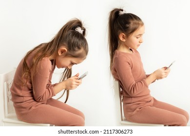 Little girl with bad and correct posture with a mobile phone on a white background. - Shutterstock ID 2117306273