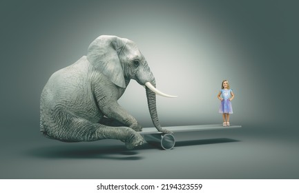 Little girl balancing on a plank with a big elephant - Shutterstock ID 2194323559