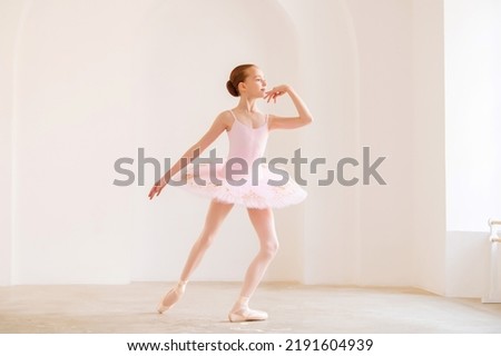 Little girl ballerina dancer in tutu dress learning ballet dance at dance school
