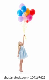 Little girl with balloons on a white background