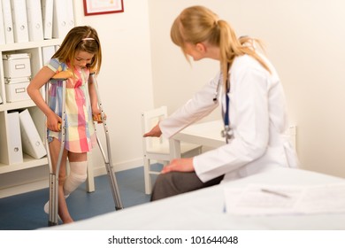 Little girl with bandaged leg walking with crutches surgery office - Powered by Shutterstock