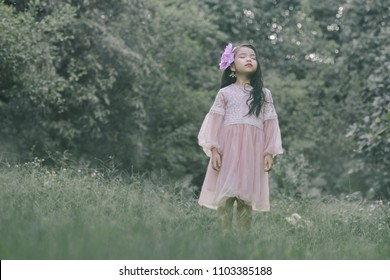 Little girl in a beautiful dress in a garden at sunset in Hanoi, Vietnam.