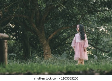Little girl in a beautiful dress in a garden at sunset in Hanoi, Vietnam.