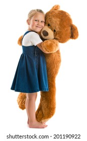 Little Girl With Big Teddy Bear. Studio Shot