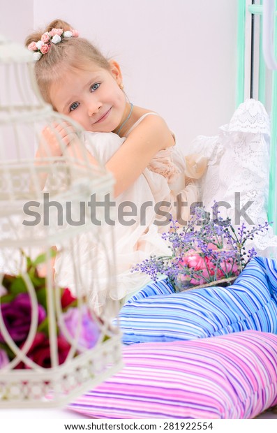 Little Girl Birdcage Flowers Home Interior Stock Photo Edit