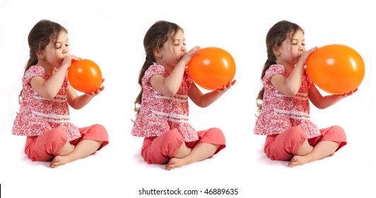 a little girl blowing up a balloon, isolated