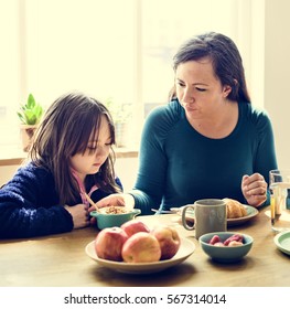 Little Girl Breakfast Mother Supervise