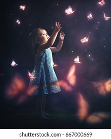 A little girl chasing glowing butterflies at night