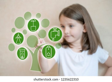 Little Girl Choosing Icon On Virtual Touch Screen. Baby Using A Touch Screen Interface. Earth Day Holiday Concept. World Environmental Health Day. Ecological Debt, Overshoot