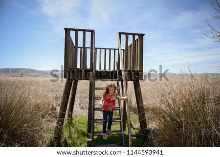 Image, Stock Photo Little girl climbing to a wooden observation tower in a wetland