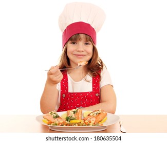 Little Girl Cook Eating Salmon Seafood