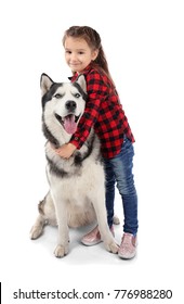 Little Girl With Cute Husky Dog On White Background