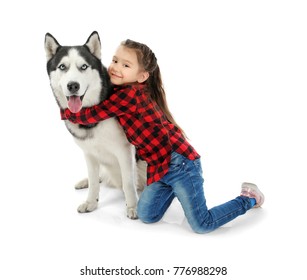 Little Girl With Cute Husky Dog On White Background