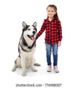 Little Girl With Cute Husky Dog On White Background