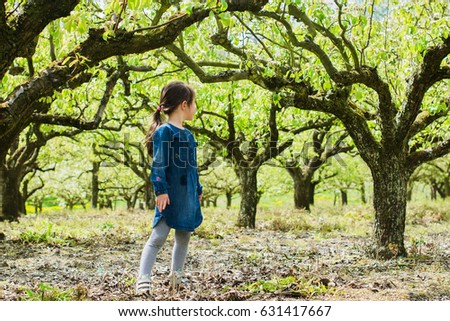Little girl in denim dress playing in the trees in English woods, selective focus