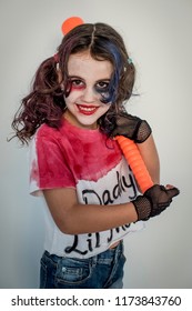 Little Girl Disguised As A Fighter With Her Baseball Bat For Halloween