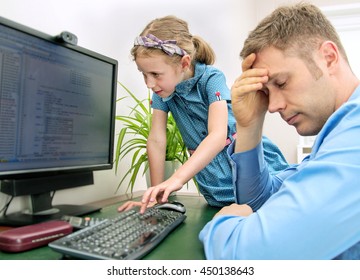 Little Girl Disturbing Her Dad While He Is Working At Home.