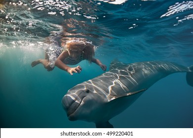 A little girl diving with dolphin underwater in deep blue sea