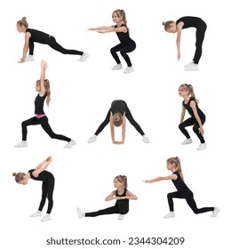 Little girl doing morning exercises on white background, collage design - Powered by Shutterstock