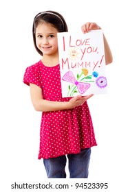 Little girl with drawing for mum, isolated on white Little girl with drawing for mum, isolated on white