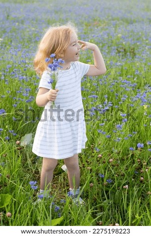 A little girl in a dress and with a bouquet of flowers laughs and plays in a field with cornflowers on a summer day. Children's emotions.