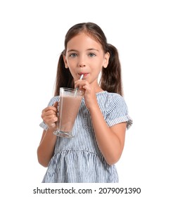 Little Girl Drinking Chocolate Milk On White Background