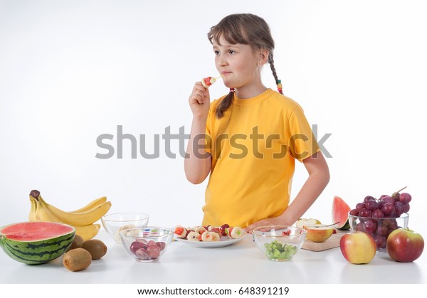 Little Girl Eating Fruit Salad Healthy Stock Photo Edit Now