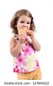 Little Girl Eating Sandwich Ice Cream, Isolated