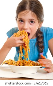 Little Girl Eating Spaghetti With Hand