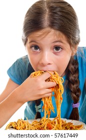 Little Girl Eating Spaghetti With Hand