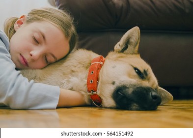 Little Girl Embracing Her Dog And Sleep On The Floor. Pet And Child Love. Friendship And Trust.