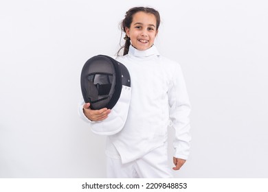 Little Girl Fencer With Epee And Mask