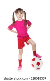 Little Girl Football Player On A White Background.